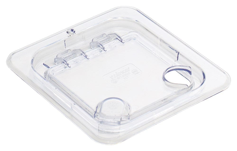 Winco Food Pans Each Winco SP7600H Hinged Lid Cover for SP7602/7604/7606, 1/6 Size, Peg Hole, Notched, Clear.