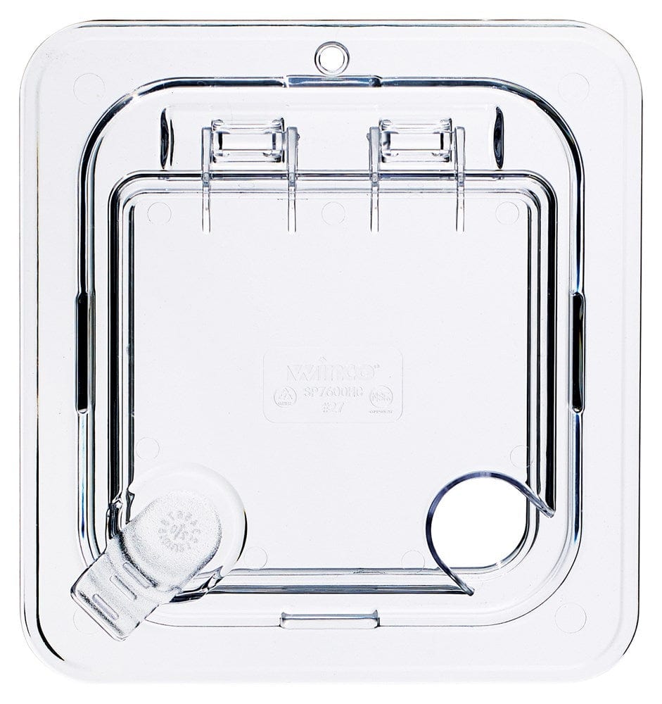 Winco Food Pans Each Winco SP7600H Hinged Lid Cover for SP7602/7604/7606, 1/6 Size, Peg Hole, Notched, Clear.