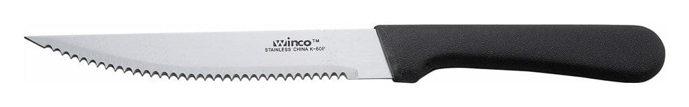 Winco Food Service Supplies Dozen / Black Winco K-60P Steak Knife with 5 Inch Blade and Black Polypropylene Handle | Denson CFE