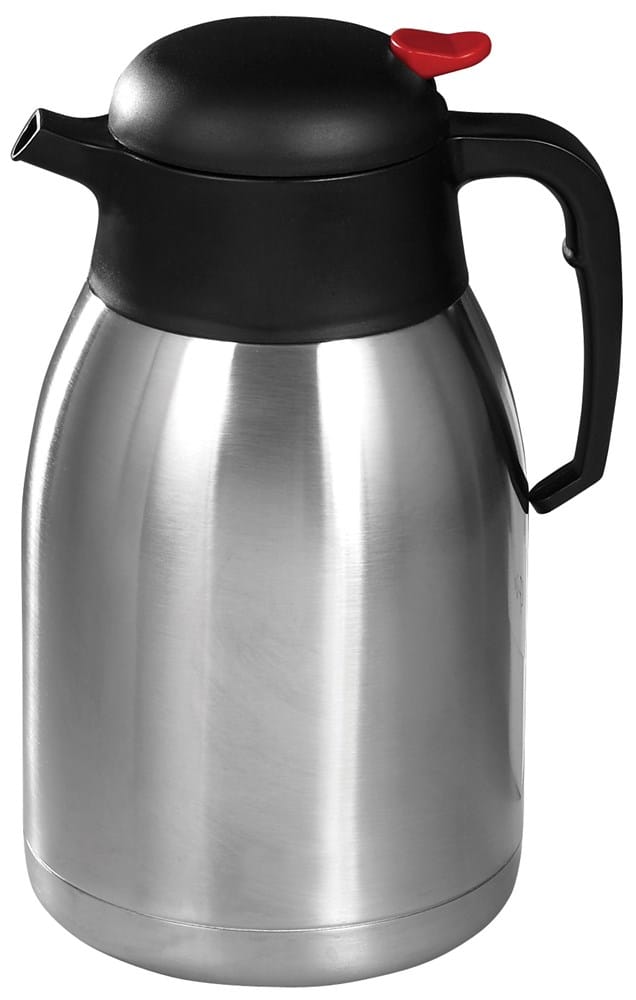 Winco Food Service Supplies Each Winco CF-2.0 Coffee Carafe - 2 L, Stainless Steel with Red Push Button Top | Denson CFE