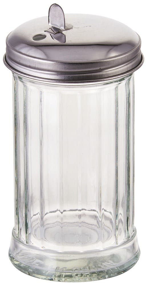 Winco Food Service Supplies Each Winco G-102 12 Oz Glass Sugar Pourer With Silver-Plated Flap Top | Denson CFE