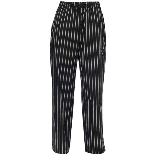 Winco Food Service Supplies Each Winco UNF-3CL Chalk Stripe Large Signature Chef Relaxed Universal Fit Poly/Cotton Elastic Drawstring Waist Chef Pants With 2 Side-Seam Pockets