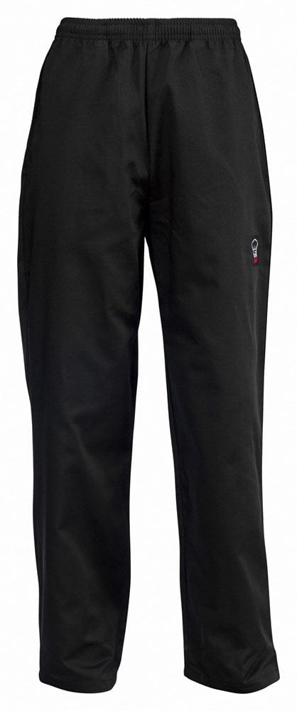 Winco Food Service Supplies Each / XL / Black Winco UNF-2KXL Black Extra-Large Signature Chef Relaxed Universal Fit Poly/Cotton Elastic Drawstring Waist Chef Pants With 2 Side-Seam Pockets