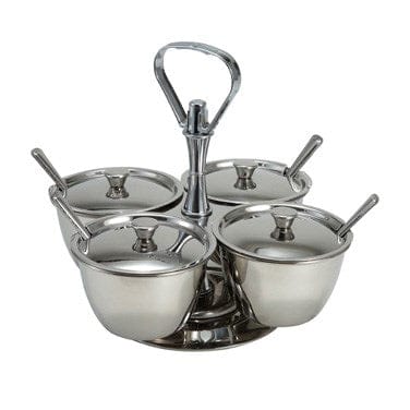 Winco Food Service Supplies Set Winco RS-4 Stainless Steel Four Compartment Relish Server with Lids and Spoon | Denson CFE
