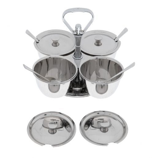 Winco Food Service Supplies Set Winco RS-4 Stainless Steel Four Compartment Relish Server with Lids and Spoon | Denson CFE