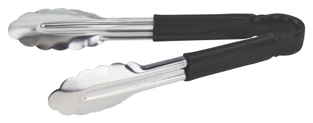 Winco Smallwares Each / Black Winco UT-9HP-K Heavy-Duty Stainless Steel Scalloped-Edge Utility Tongs for Cold Food Service | Denson CFE