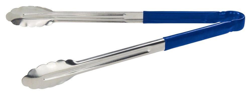 Winco Smallwares Each / Blue Winco UT-16HP-B Heavy Duty Stainless Steel Scalloped Edge Cold Food Service Utility Tongs with Blue Plastic Handle | Denson CFE