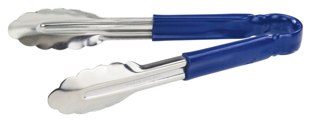Winco Smallwares Each / Blue Winco UT-9HP-B Heavy-Duty Stainless Steel 9 Inch Cold Food Service Utility Tongs with Blue Handle | Denson CFE