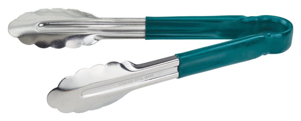 Winco Smallwares Each / Green Winco UT-9HP-G Green Plastic Handle 9 Inch Heavy Duty Stainless Steel Scalloped Edge Utility Tongs for Cold Food Service | Denson CFE