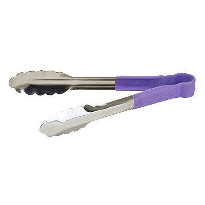 Winco Smallwares Each / Purple Winco UTPH-9P Allergen-Free 9 Inch Heat-Resistant Stainless Steel Utility Tongs | Denson CFE