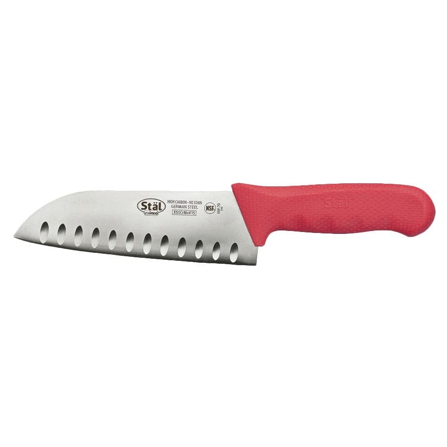 Winco Smallwares Each / Red Winco KWP-70R Santoku Knife 7 Inch High Carbon Stainless Steel with Granton Edge Red Handle | Denson CFE