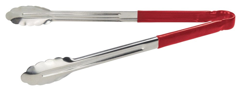 Winco Smallwares Each / Red Winco UT-16HP-R Red Plastic Handle Heavy-Duty Stainless Steel Scalloped Edge Utility Tongs 16 Inch | Denson CFE