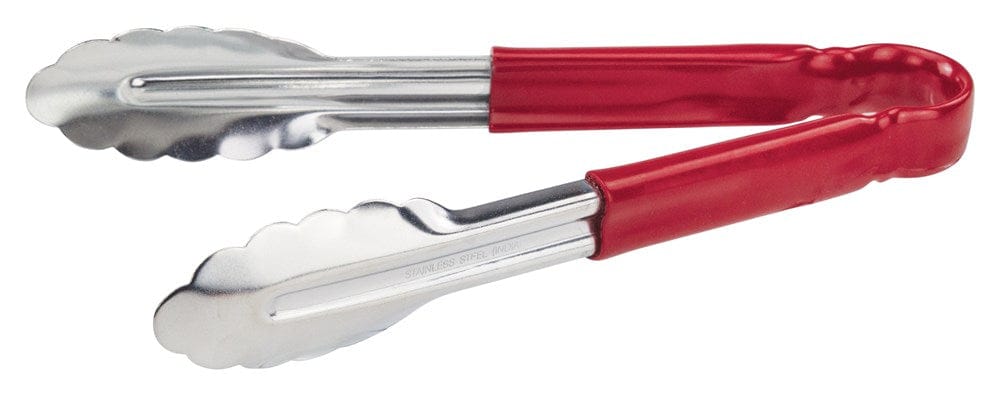 Winco Smallwares Each / Red Winco UT-9HP-R Red Plastic Handle Heavy Duty Stainless Steel Scalloped Edge Cold Food Service Tongs | Denson CFE