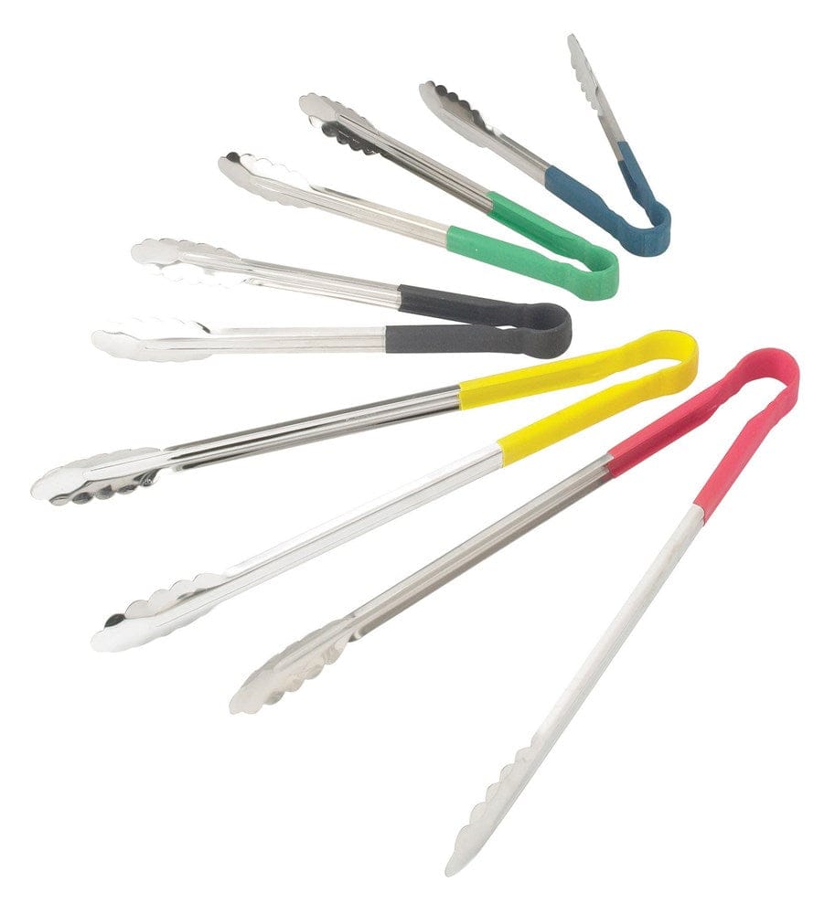 Winco Smallwares Each / Red Winco UTPH-9R Red Heat Resistant Polypropylene Handle 9 Inch Stainless Steel Utility Tongs | Denson CFE