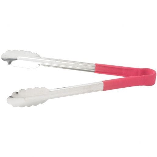 Winco Smallwares Each / Red Winco UTPH-9R Red Heat Resistant Polypropylene Handle 9 Inch Stainless Steel Utility Tongs | Denson CFE