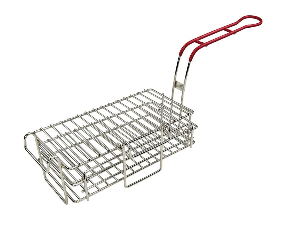 Winco Smallwares Each Winco FB-03 Premium Chimichanga Burrito Fry Basket with Red Handle and Hinged Shelves | Denson CFE