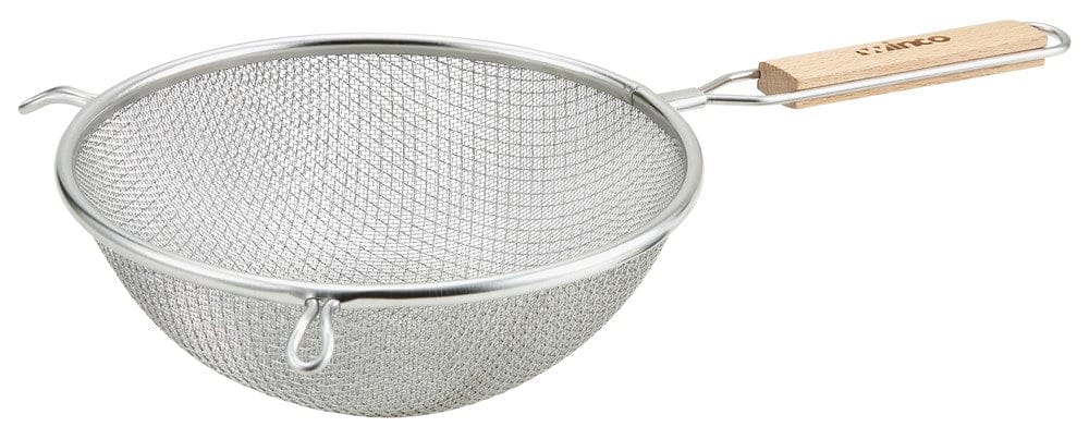 Winco Smallwares Each Winco MS3A-8D 8 Inch Double Mesh Strainer Fine Stainless Steel with Flat Wooden Handle | Denson CFE