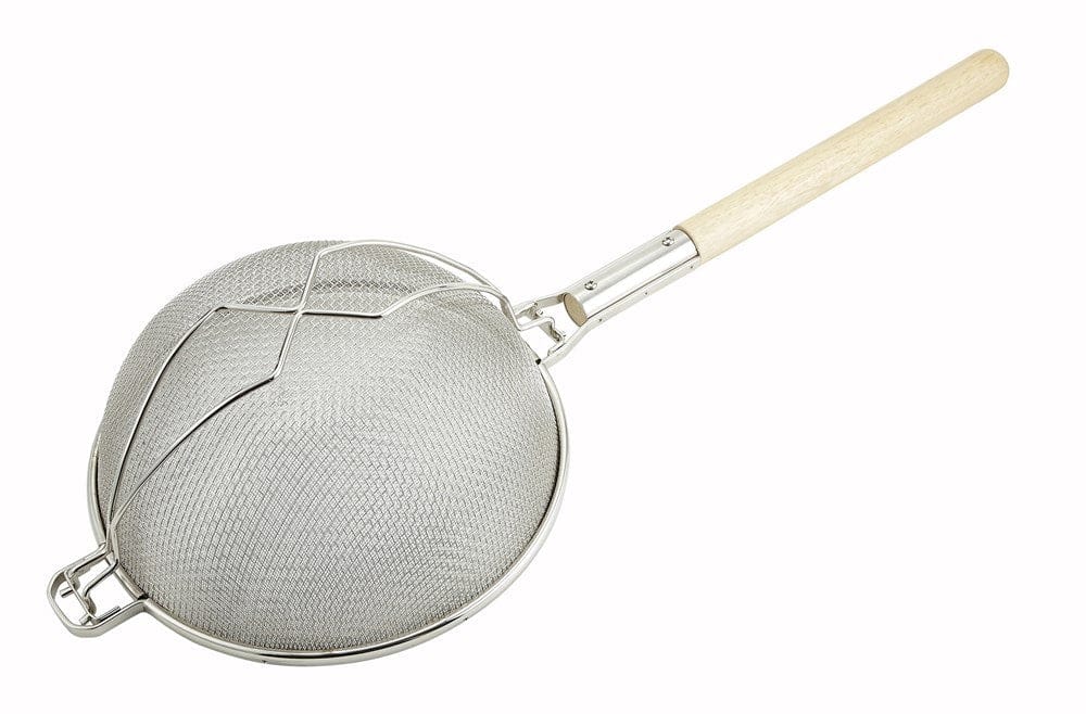 Winco Smallwares Each Winco MST-14D 14 Inch Double Mesh Reinforced Strainer with Wood Handle | Denson CFE