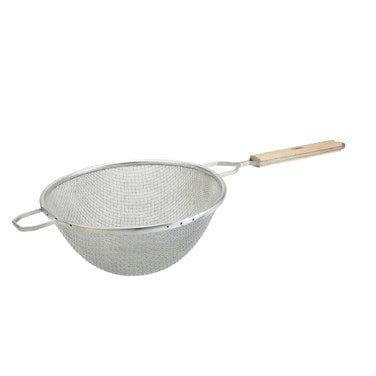 Winco Smallwares Each Winco MSTF-10D Double Fine Mesh Strainer 10 1/4 Inch Diameter with Wooden Handle for Durable Draining | Denson CFE