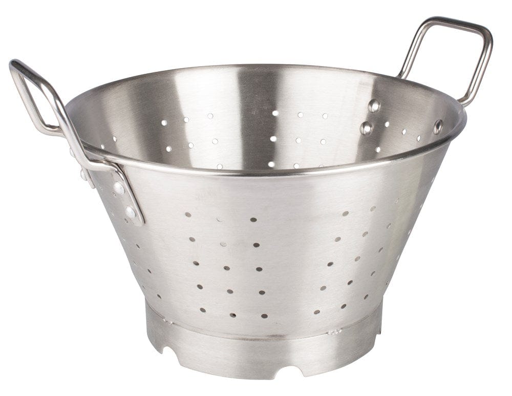 Winco Smallwares Each Winco SLO-11 Heavy Duty Stainless Steel 11 Quart Colander with Handles and Base 15 Inch Diameter | Denson CFE