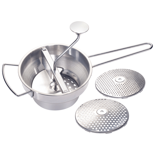 Winco Smallwares Each Winco SVM-3 2 Quart Stainless Steel Food Mill with Three Interchangeable Cutting Plates | Denson CFE