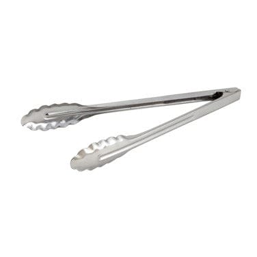 Winco Smallwares Each Winco UT-12LT Medium-Weight 12 Inch Stainless Steel Scalloped Edge Utility Tongs | Denson CFE
