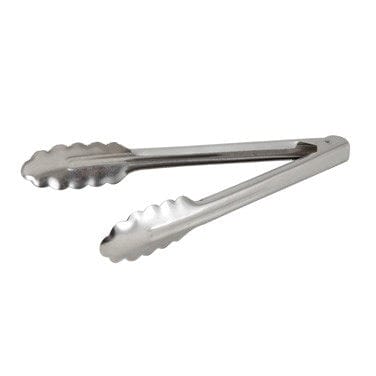 Winco Smallwares Each Winco UT-9 Heavyweight Stainless Steel 9 Inch Scalloped-Edge Utility Tongs | Denson CFE