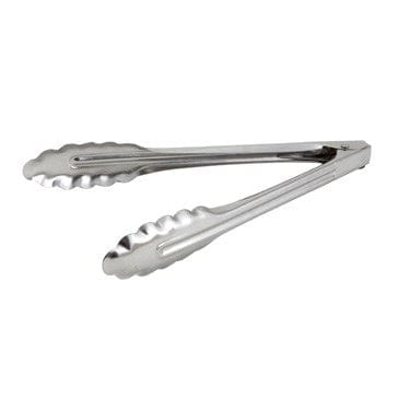 Winco Smallwares Each Winco UT-9LT Medium Weight 9 Inch Stainless Steel Scalloped Edge Utility Tongs | Denson CFE