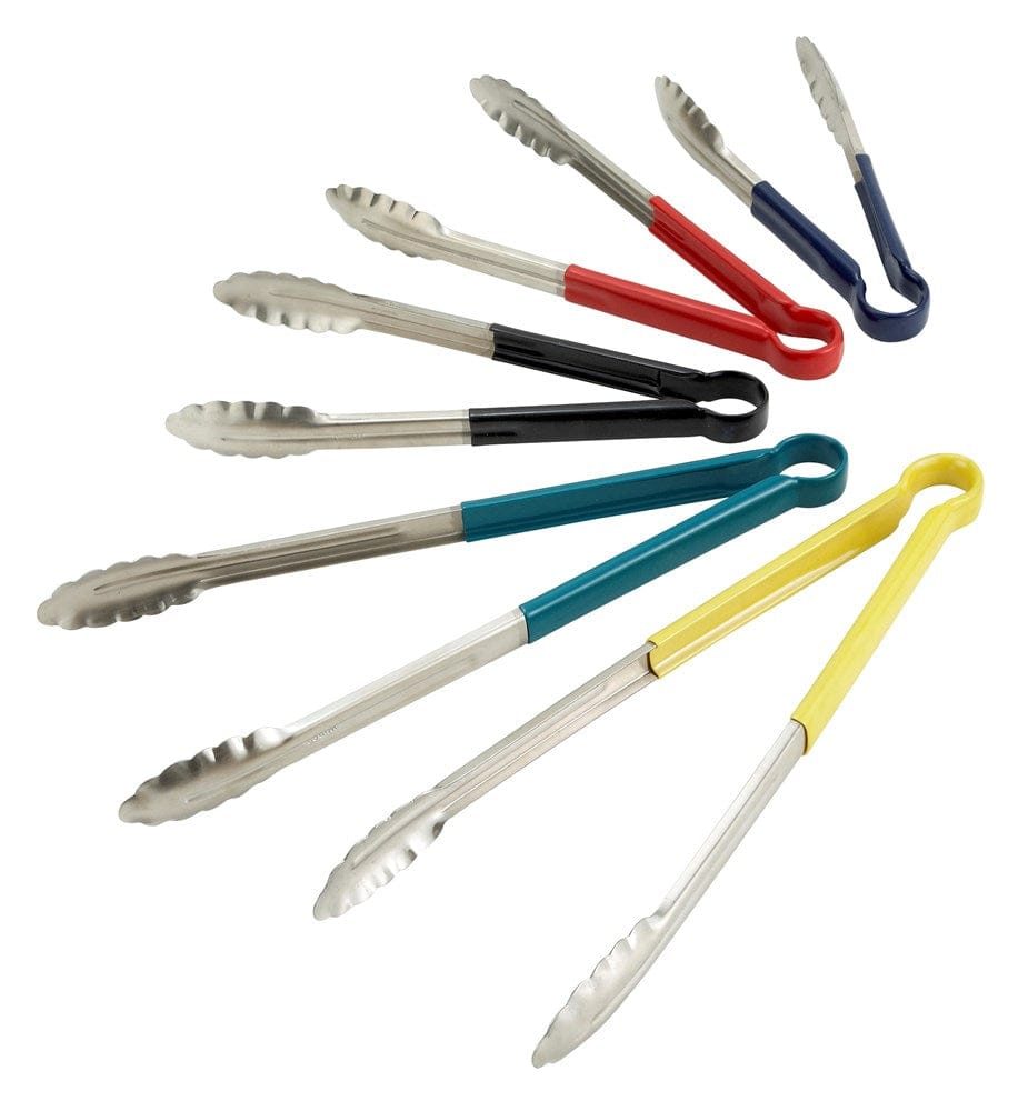 Winco Smallwares Each / Yellow Winco UT-12HP-Y Yellow Plastic Handle Heavy Duty Stainless Steel Scalloped Edge Cold Food Service Utility Tongs | Denson CFE