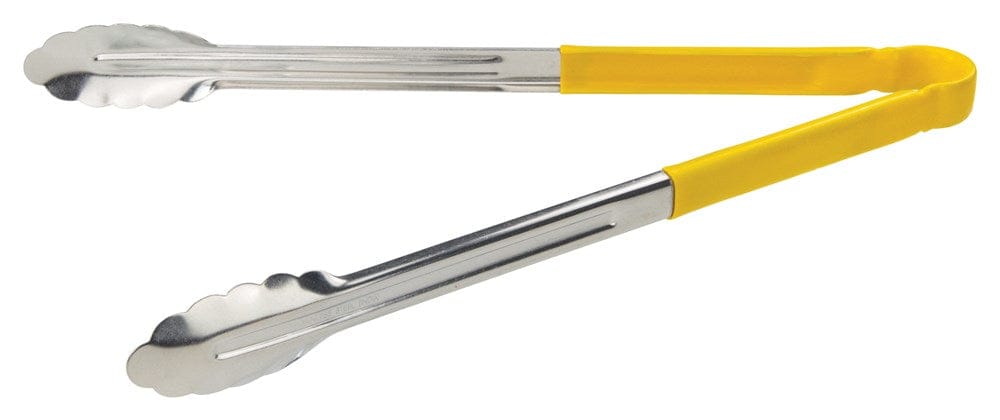 Winco Smallwares Each / Yellow Winco UT-16HP-Y Yellow Plastic Handle 16 Inch Heavy Duty Stainless Steel Scalloped Edge Cold Food Service Utility Tongs | Denson CFE