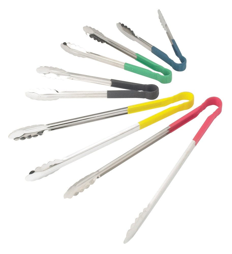 Winco Smallwares Each / Yellow Winco UTPH-9Y Heavy-Duty Stainless Steel Utility Tongs with Yellow Heat-Resistant Handle | Denson CFE