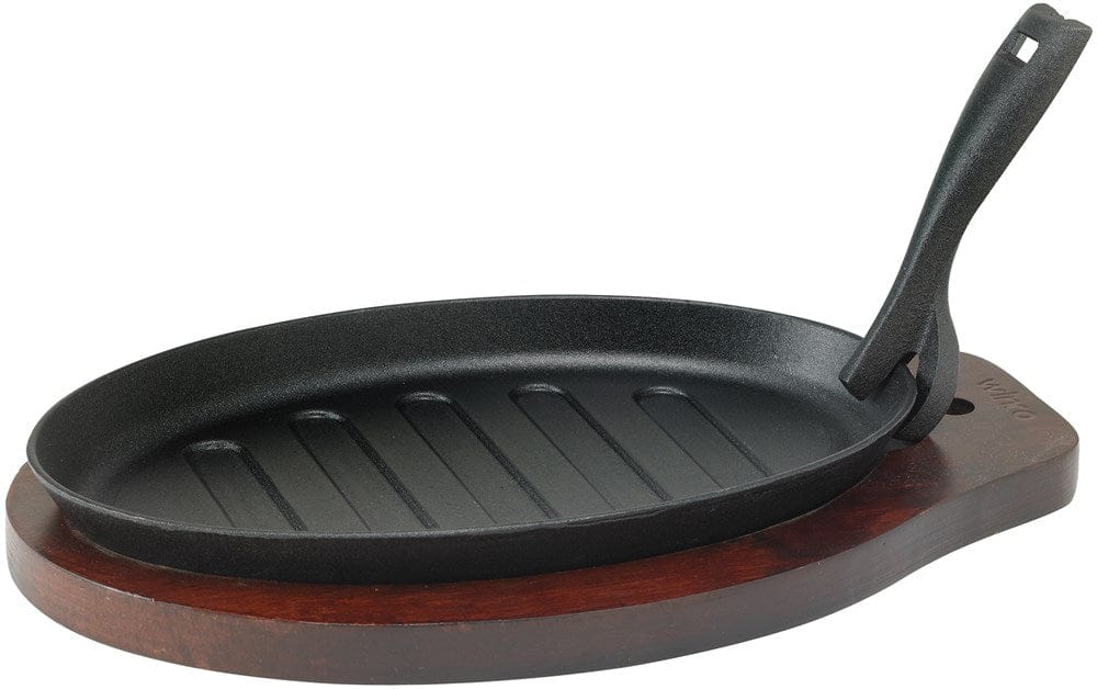 Winco Smallwares Set Winco ISP-3 Cast Iron Fajita Platter Set with Gripper Handle Wood Under Liner | Denson CFE
