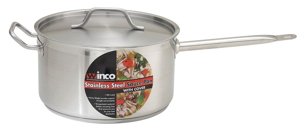 Winco Smallwares Set Winco SSSP-10 10 Quart Induction Ready Premium Stainless Steel Sauce Pan with Cover | Denson CFE