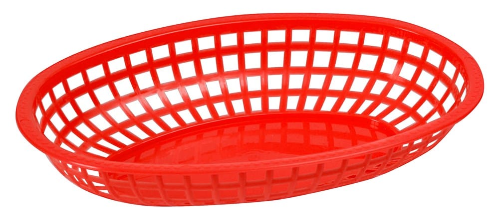 Winco Tabletop & Serving Dozen / Red Winco POB-R Oval Fast Food Basket - 10 1/4" x 6 3/4" x 2", Heavy Duty Premium Plastic, Red