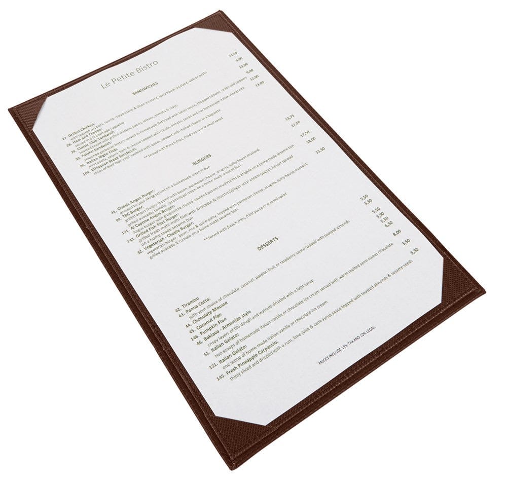 Winco Tabletop & Serving Each Winco LMS-811BN Leather-Like Single View Menu Cover for 8-1/2 x 11 Inch Inserts Brown | Denson CFE