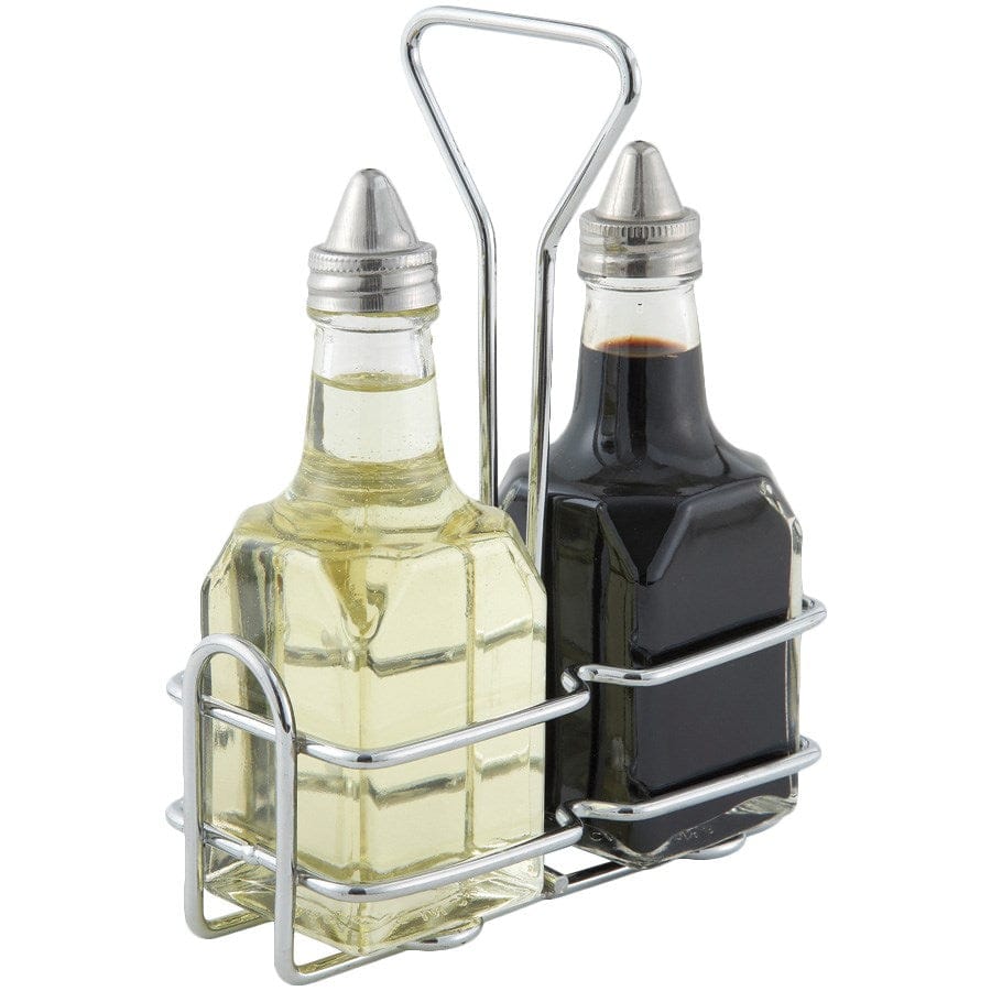 Winco Unclassified Set Winco G-104S Condiment Set Oil and Vinegar Square Cruets with Chrome Holder | Denson CFE