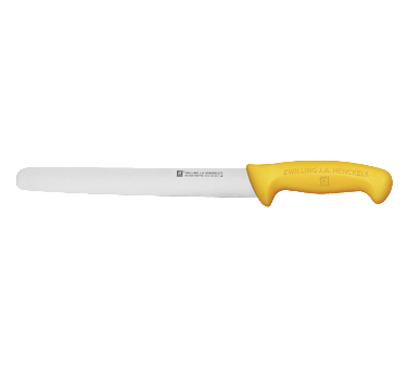 Zwilling J.A. Henckels Knife & Accessories Each / Yellow Twin. Master Slicing Knife, 11 1/2", one-piece, FRIODUR. hardened, high carbon "no stain" stainless steel blade, non-hydroscopic safe-grip polypropylene handle, made in Spain, yellow, HACCP & NSF approved