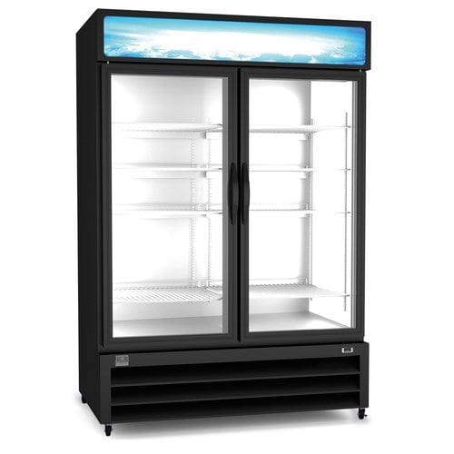Kelvinator Commercial Merchandising and Display Refrigeration Each Reach-in Refrigerated Merchandiser, two-section, self-contained bottom mount refrigeration, 49 cubic feet capacity, (2) glass doors with locks,