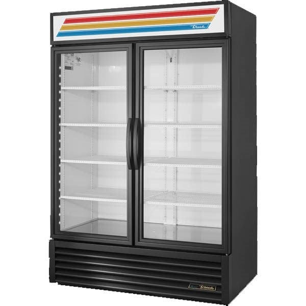True Food International Canada Merchandising and Display Refrigeration Each Refrigerated Merchandiser, two-section, True standard look version 01, (8) shelves, (2) double pane thermal insulated glass hinged doors