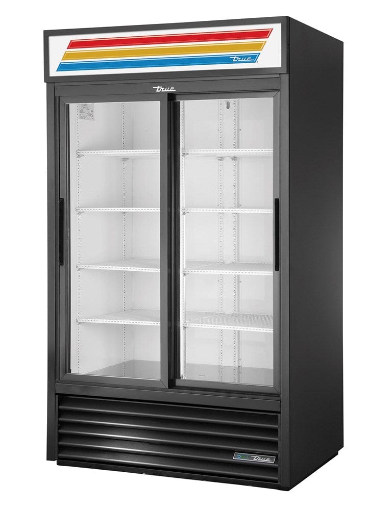 True Food International Canada Merchandising and Display Refrigeration Each True GDM-41-HC-LD 47 1/8" Black Two Section Refrigerated Sliding Glass Door Merchandiser with LED Lighting - 115V